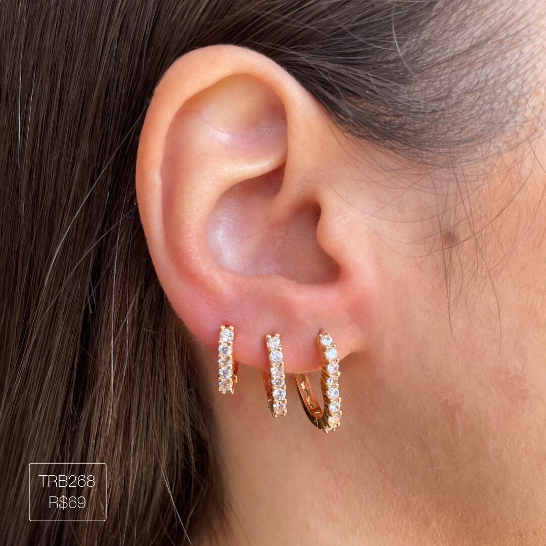 Trio de Argola de Coração Cravejado Cristal Dourado